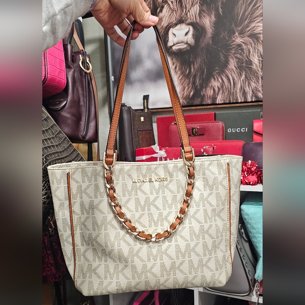 Michael Kors Monogram Cream and Tan Tote